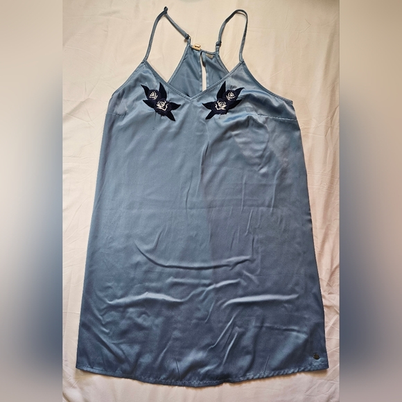 Roxy Womens Blue Short Satin Slip Dress With Dark Blue Floral Design Size XL - Picture 1 of 10
